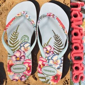 Havaianas Hav Slim Sensation Blue Flip Flop Sandal Aqua Floral  Size 7/8
